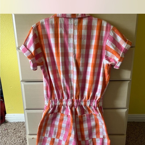 Big Bud Press Pink and Orange Checkered Cotton Romper Short Sleeve Jumpsuit M - Picture 2 of 3